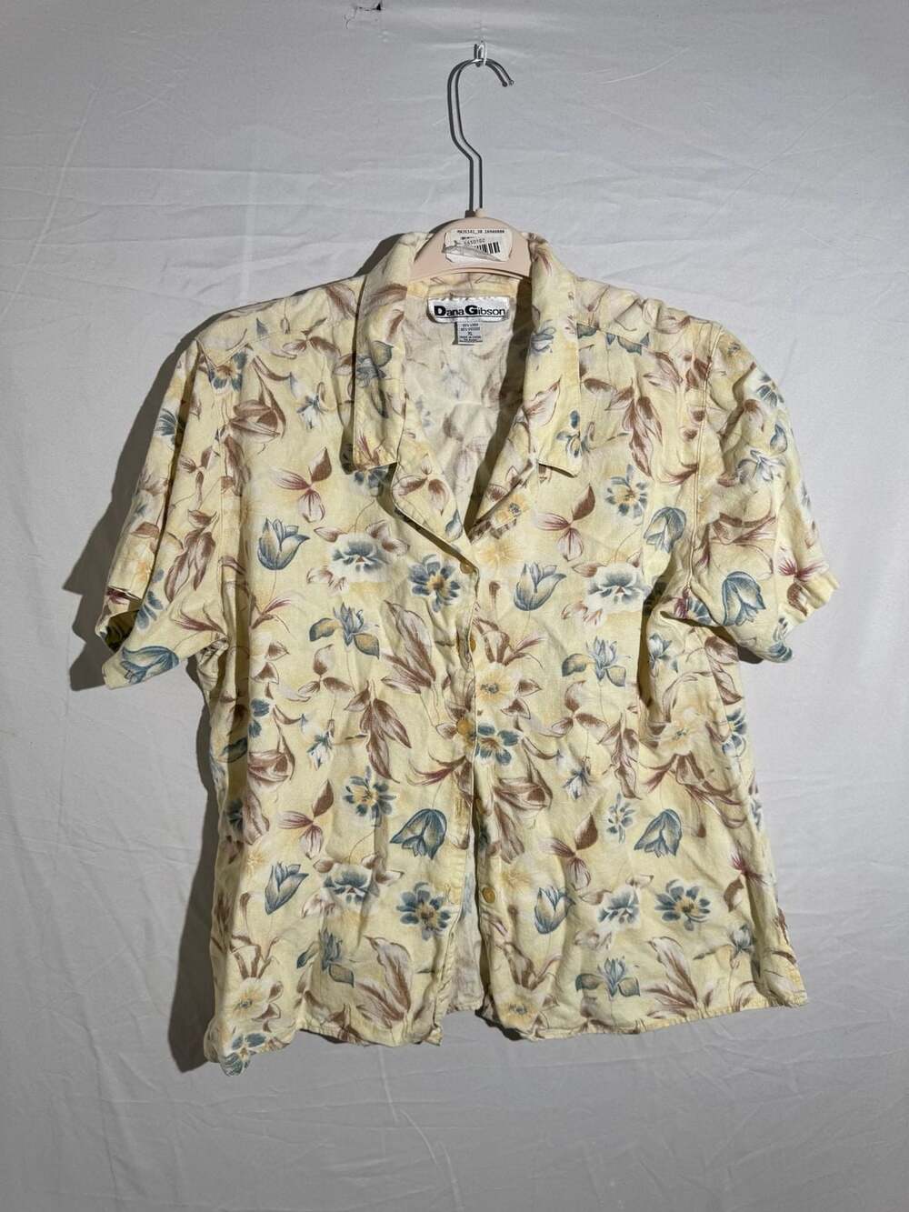 ⁠Dana Gibson Floral Short Sleeve Top Womens XL Yellow Linen Blend Button Up⁠